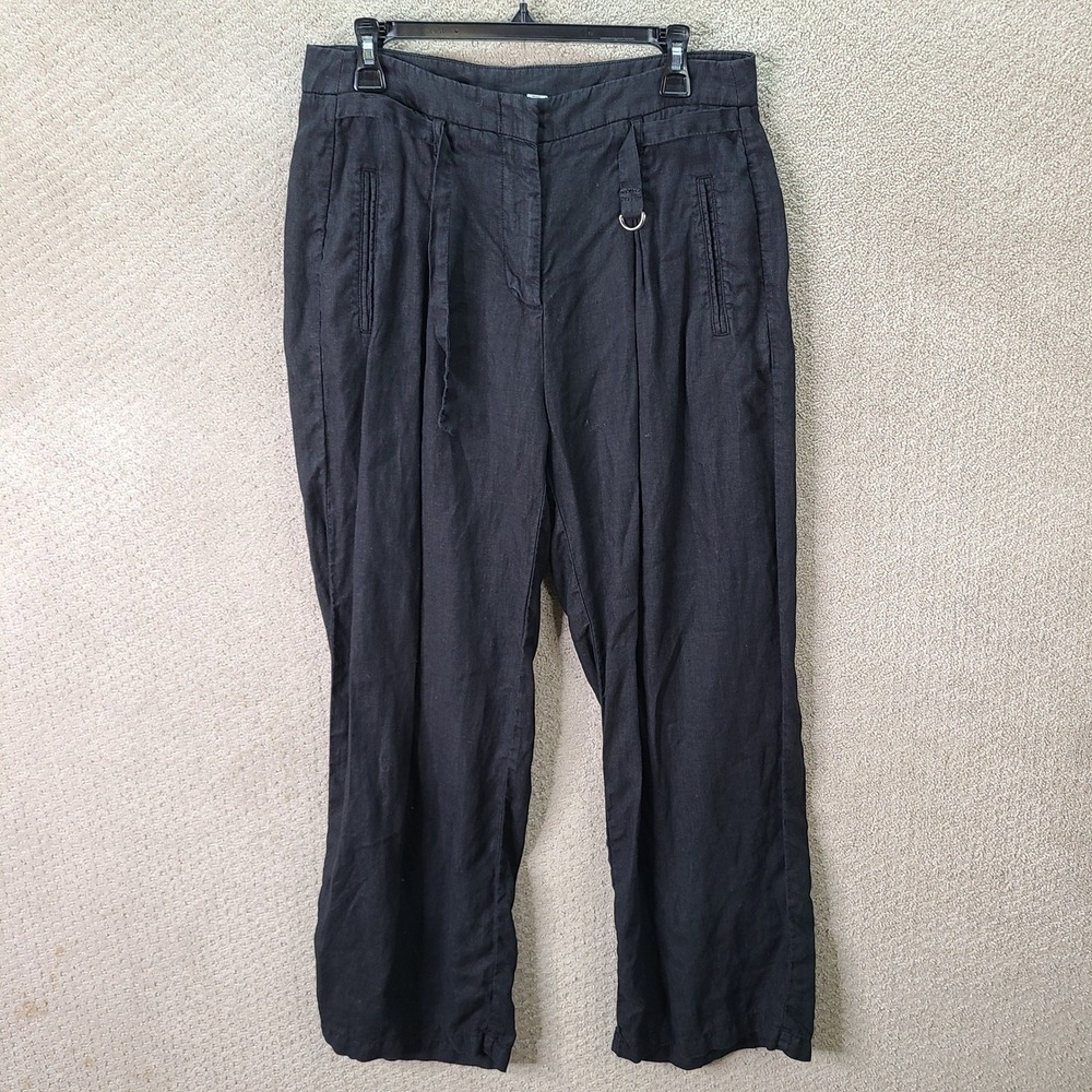 Wrap London Pants Womens 10 Black Linen Wide Leg Trouser Belted Lightweight